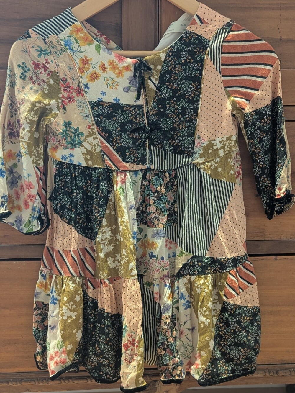 Zara Multicolor Patchwork Floral Tiered Dress with Tie Neck